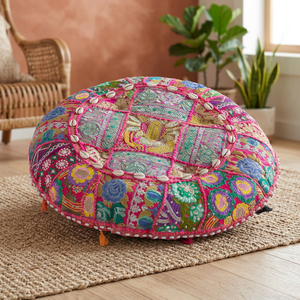 Taie d'oreiller ronde brodée à la main Sari Patchwork housse de coussin de sol décorative non tissée pour la maison hôtel ou hôpital - Product Image 3