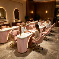 Table de manucure rose de luxe avec éclairage LED, poste de travail moderne double pour salon de manucure avec chaises pour techniciennes
