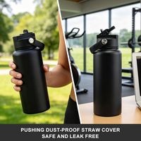 Bouteille d'eau sport 32 oz personnalisable avec logo, faible MOQ, en acier inoxydable à double paroi avec couvercle anti-poussière à poussoir et paille intégrée