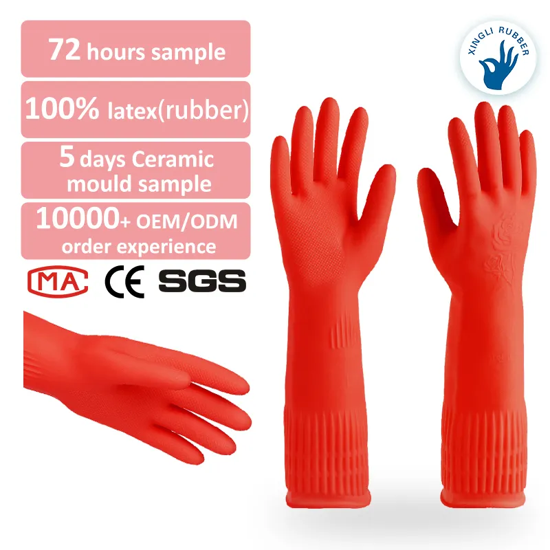 Sarung tangan lateks rumah tangga, lengan panjang merah Anti selip nyaman membersihkan dapur mencuci