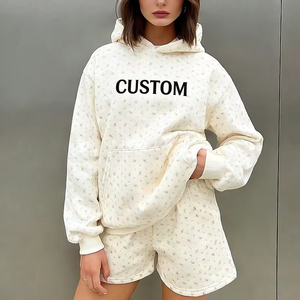 Conjunto de Sudadera con Capucha y Pantalones Cortos de 2 Piezas para Mujer, Color Crema, Corte Holgado Informal, Forro Polar, Estampado de Letras, Uso Diario, Todas las Temporadas - Product Image 3