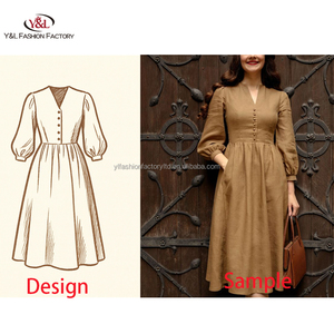 Abito Midi da Donna Personalizzato di Alta Qualità con Stampa Vintage, Vita Naturale, 100% Cotone, Linea ad A, Vestibilità Slim, Elegante, Estivo, Casual, Formale - Product Image 5