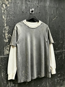 Men's Oversized Gray Long Sleeve T-<b>Shirt</b> With Cream <b>Waffle</b> Trim O-Neck Vintage Solid Color Casual Top - Product Image 1