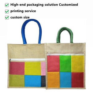 环保彩色拼布艺术拉链黄麻帆布礼品手提袋批发批量订购定制促销带手柄 - Product Image 2