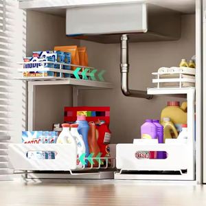 China Cheap L-Shaped Adjustable Bathroom <b>Kitchen</b> Cupboard Slipping Drawer Under the Sink Slide Pull Out Cabinet Basket Organizer - Product Image 6