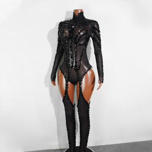 Combinaison Sexy Noire à Jarretelles en Cristal - Tenue Gothique pour Spectacles Scéniques, Danseuses Gogo, Vidéos Musicales, Raves, Festivals et Clubs - Product Image 4