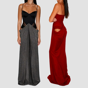 Vestido Largo Estilo Jumpsuit con Tirantes Espagueti, Corte Corset, Abertura en la Cintura, Escote en V, Volantes, Corte Regular - Product Image 1