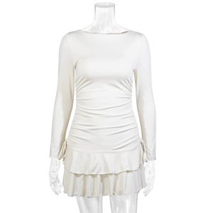 Abito Mini Aderente da Donna Autunno Inverno, Tinta Unita, con Volant a Cascata, Maniche Svasate, Vita Alta, Elegante e Sexy per Feste - Product Image 5