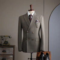 Heren Business Casual Dubbelgeknoopte V-hals Pak met Ritsbroek Amerikaanse Stijl Kamgarenstof 480g Geweven Anti-krimp