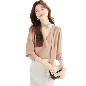 White V-neck Long Sleeve Shirt With Wrap Tie Satin Blouse For Commuting Women Spring Summer Elegant Style Q9970 - Product Image 5
