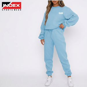 Conjunto Deportivo para Mujer, Color Azul Claro, Cuello Redondo, Manga Larga, Sudadera y Pantalones Deportivos de Color Sólido, Transpirable - Product Image 1