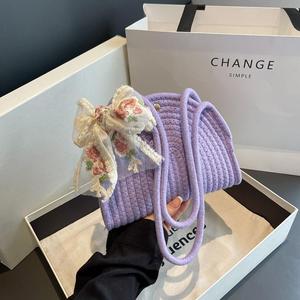 Purple Woven Round Shoulder Bag With Floral <b>Bow</b> Magnetic Closure Women's Crossbody Bag Summer 2023 Portable Beach Bag - Product Image 1
