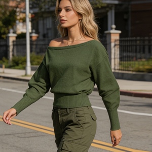 เสื้อสเวตเตอร์ถักแบบหลวมสีพื้นสำหรับผู้หญิงแฟชั่น - Product Image 2