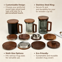Couvre-tasses en bois, couvercles de tasses en bois personnalisés multi-tailles avec anneau en acier inoxydable, couvercle de remplacement pour tasses à thé avec poignée en bois
