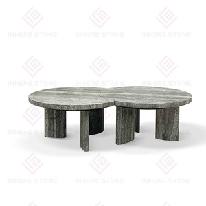 Custom Living Room Home Decor Classical Natural Stone <strong>Furniture</strong> Luxury Marble Round Silver Grey Travertine <strong>Coffee</strong> <strong>Table</strong> <strong>Set</strong> - Product Image 4