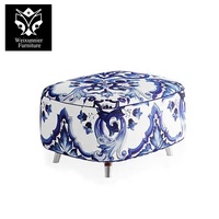 Ensemble de fauteuil et pouf en tissu de porcelaine bleu et blanc moderne Dossier incurvé durable Canapé pour salon Loisirs