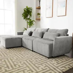 Sala de estar minimalista moderna de terciopelo de tela nórdica, sofá de módulo de combinación dividida gris para tres personas