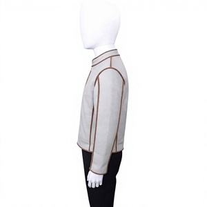 <b>Men's</b> <b>Cream</b> White Genuine Leather <b>Jacket</b> With Brown Braided Trim Mandarin Collar Zipper Closure Casual Winter Style - Product Image 3