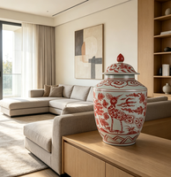 Pot en porcelaine rouge traditionnel chinois à motif floral de paon, avec couvercle, peint à la main, en céramique, pot à gingembre, ornement pour la maison