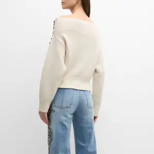 Button Decoration Custom 1 Neck Sweater Sexy Strapless Knit Top Pullover Solid Colour Loose Pullover Women's Sweater