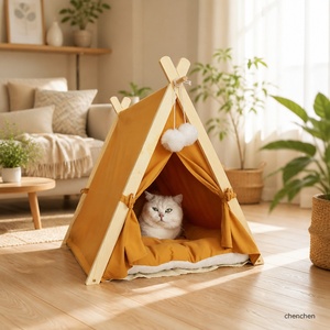Tente <span class=keywords><strong>tipi</strong></span> pour chat en bois, structure en bois naturel, housse en toile lavable, coussin en peluche, pompons, <span class=keywords><strong>lit</strong></span> pour chat d'intérieur, chatons - Product Image 4
