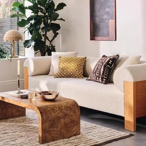 Sofá de Madera Maciza Color Crema, Estilo Japonés, Lana de Cordero, Diseño Minimalista, Tres Plazas, Sofá de Hotel, Duradero - Product Image 2