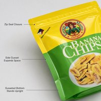 Zakje met gusseted bodem, ritssluiting, voor bananenchips, fruitchips, tropische snacks, distributeur, retailer, lage minimale bestelhoeveelheid