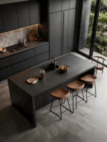Cuisine modulaire noire moderne JINGSHUN avec îlot, grande capacité de rangement, mobilier sur mesure, approvisionnement en gros pour le secteur immobilier