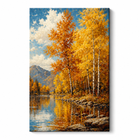 Affiche sur toile abstraite automne forêt de bouleaux rivière, art mural paysage de montagne en automne avec reflets, taille personnalisable, prête à accrocher