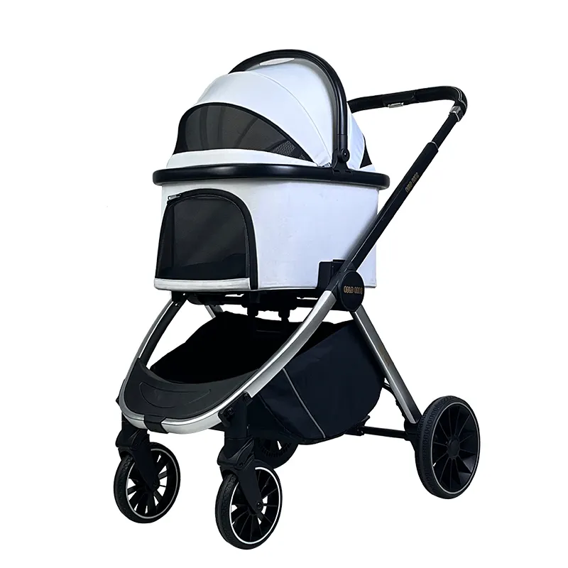 Hot selling Custom cart product one hand fold up 2024 new model 4 Wheels pet stroller double pet stroller Storage Basket