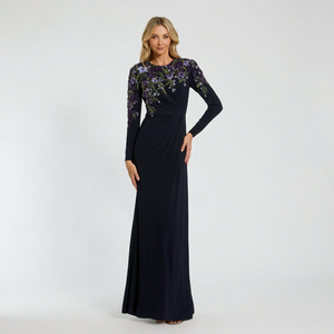 Robe de bal modeste longue coupe trapèze en crêpe 100% polyester, couleur unie, avec broderie perlée et soutien-gorge intégré - Product Image 1