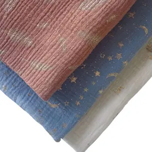 Tissu imprimé de mousseline de <span class=keywords><strong>gaze</strong></span> de coton <span class=keywords><strong>double</strong></span> froissé personnalisé nouveau style de dorure à paillettes pour pantalons, shorts, chemises et sacs - Product Image 1