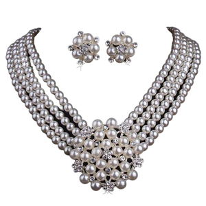 Twini Bride Wedding Engagement Party White Pearl Bead Collar Short <b>Necklace</b> Earrings Alloy Two Piece Jewelry <b>Set</b> - Product Image 1