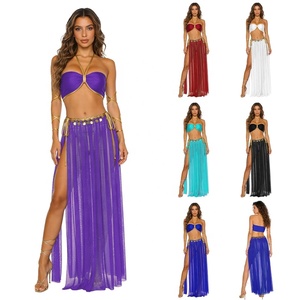 Traje de Danza del Vientre para Mujer, Top Corto y Falda con Braguitas Metálicas, para Cosplay, Fiestas, Espectáculos, Eventos Temáticos, Danza del Vientre - Product Image 1