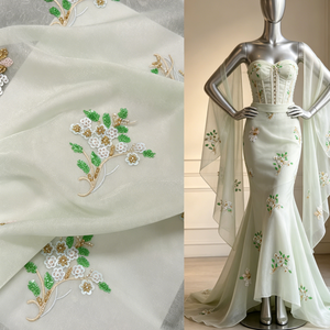 Tissu <span class=keywords><strong>en</strong></span> organza de polyamide semi-transparent gris clair avec broderie florale perlée, tissu pour fille <span class=keywords><strong>en</strong></span> polyester, tissu haute couture - Product Image 1