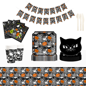 DAMAI New Halloween Black Cat-<b>head</b> Bat Pumpkin-themed Disposable Paper Plates Cups and Napkins for Halloween Party Supply - Product Image 1