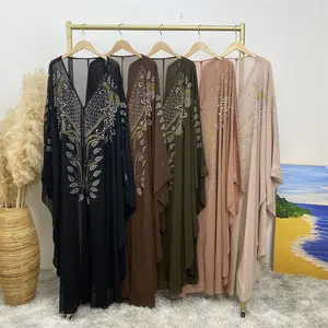 Vestido Kaftan adulto com babados de manga comprida e cor sólida para mulheres, saia longa islâmica de material de algodão