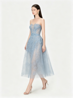 Robe de soirée formelle Nicecover, sans bretelles, en maille à sequins, ajustée, mi-longue, bleu glace, pour banquet, cocktail, événement