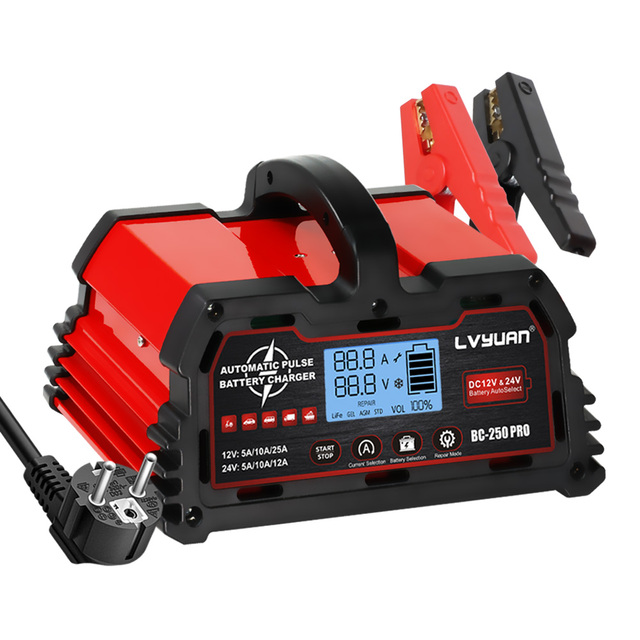 Professional 12V/24V Smart Car Battery Charger with LCD Display & Reverse Polarity Protection for Trucks and SUVs