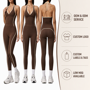2026 New Solid <b>Halter</b> Activewear Yoga Sets High Waist Sport Bras Shorts Calf-Length Pants Quick Dry Spandex/Nylon Front 6-Piece - Product Image 5