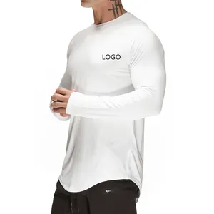 锻炼健身服定制白色纯棉男士健身房运动T恤印花全袖t恤肌肉合身男士长袖衬衫