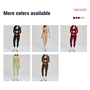 Conjunto Deportivo de 3 Piezas de Alta Calidad Personalizado, Chaqueta Deportiva con Cierre, Leggings de Yoga para Entrenamiento, Conjunto Deportivo para Mujer para Ciclismo al Aire Libre - Product Image 3