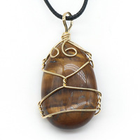 Collier Pendentif Goutte d'Eau en Cristal Naturel Agate Œil de Tigre Enroulé de Fil, Bijou Porte-Bonheur Guérison, Vente en Gros