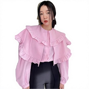 เสื้อเชิ้ตผู้หญิงสีชมพูผ้าป๊อปลิน คอปกปีเตอร์แพน แขนพองระบาย สไตล์หวานๆ สำหรับฤดูใบไม้ผลิและฤดูร้อน ทรงหลวมใส่สบาย - Product Image 2