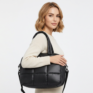 <b>Black</b> <b>Quilted</b> PU <b>Tote</b> <b>Bag</b> with Zipper Closure and Adjustable Shoulder Strap for Daily Use - Product Image 6
