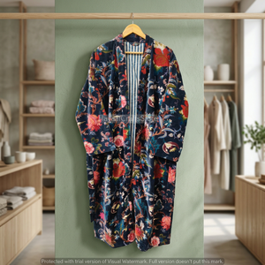Robe kimono élégante à imprimé floral en velours 100% coton, robe kimono écologique à nouer, robe kimono à manches longues, veste longue pour femmes - Product Image 4