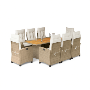 Conjunto de Comedor de Jardín de Ratán Beige con Cojines, Muebles de Exterior para 8 Personas, Mesa de Madera de Teca, Diseño Contemporáneo - Product Image 1