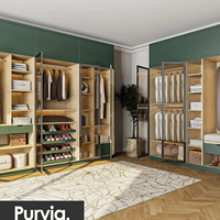 Armoire intégrée Purvia avec portes en verre encadrées, tringle à vêtements ouverte, étagères de présentation et rangement à plusieurs niveaux pour chaussures, pour chambre à coucher