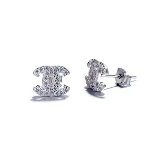 Fine Jewelry 925 Sterling Silver With Rhodium Plated Letter CC Stud Earrings For Girl