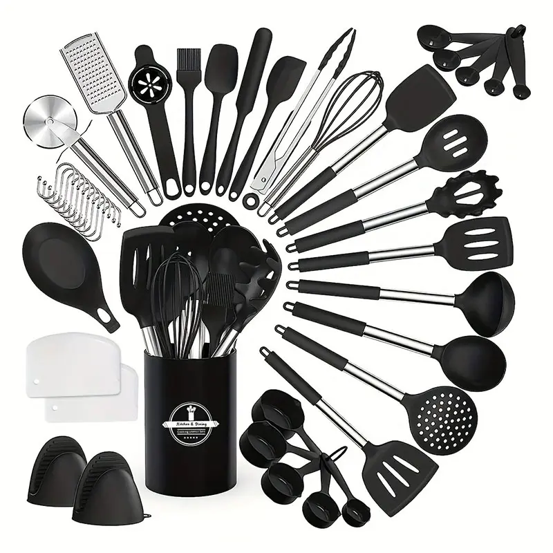 Venda quente resistente ao calor cozinha preta gadgets ferramentas 43 pcs silicone cozinha utensílios de cozinha com alça de aço inoxidável